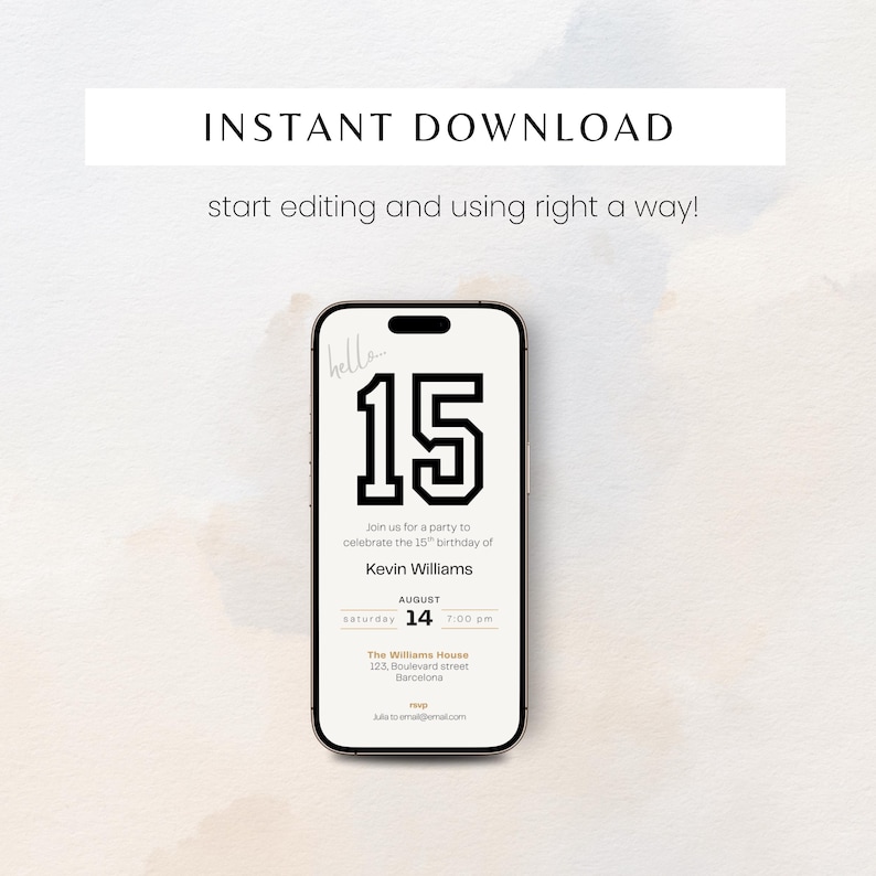 Elegant 15th birthday invitation template for boys with a clean, modern layout. Perfect for a digital birthday invite, party invitation, or birthday announcement. Ideal for anyone turning fifteen and planning a stylish celebration.