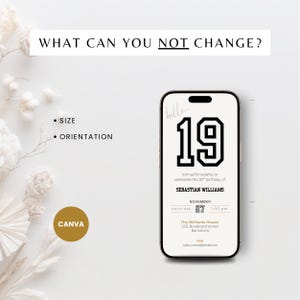 Minimal 19th birthday invitation template for men or woman with a clean, modern layout. Perfect for a digital birthday invite, party invitation, or birthday announcement. Ideal for anyone turning nineteen and planning a stylish celebration.