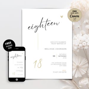Può includere: Un invito bianco con la parola "eighteen" in elegante scrittura. L'invito include i dettagli per il 18° compleanno di Melissa Johnson, con una versione per telefono a sinistra. Il design include dettagli dorati e il testo "Free edit with Canva."
