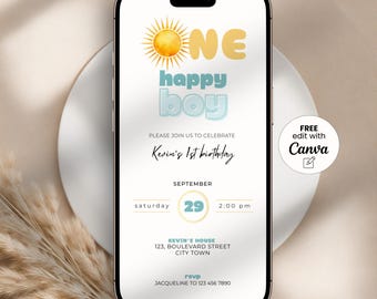 One Happy Boy First Birthday Invitation, Sun Theme Editable Template (Digital Download)
