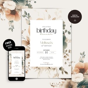 Könnte beinhalten: Eine Einladung zum Geburtstagsessen mit floralen Akzenten und dem Text "birthday dinner" in einer stilvollen Schriftart. Die Einladung enthält Details für Melissas 45. Geburtstag am 14. September um 20 Uhr. Eine Version für das Telefon wird ebenfalls gezeigt.