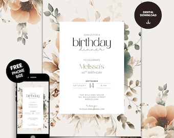 Fall Birthday Invitations for Women, Editable Floral Autumn Dinner Party Invite Template (Digital Download)