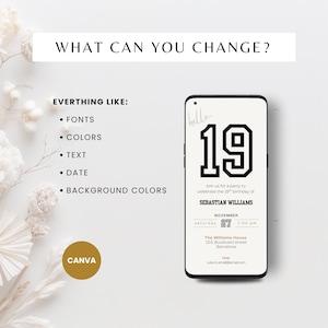 Minimal 19th birthday invitation template for men or woman with a clean, modern layout. Perfect for a digital birthday invite, party invitation, or birthday announcement. Ideal for anyone turning nineteen and planning a stylish celebration.