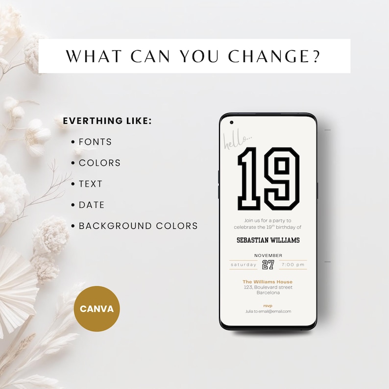 Minimal 19th birthday invitation template for men or woman with a clean, modern layout. Perfect for a digital birthday invite, party invitation, or birthday announcement. Ideal for anyone turning nineteen and planning a stylish celebration.