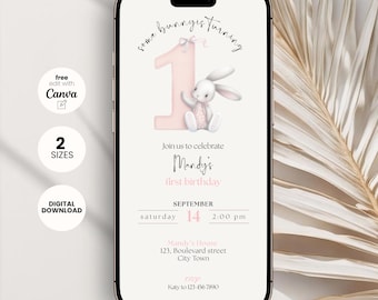 Bunny 1st Birthday Invitation Girl: Pink Evite Template (Digital Download, Editable in Canva)