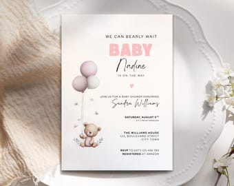 Invitación para baby shower "Podemos esperar", plantilla editable con osito de peluche (descarga digital)