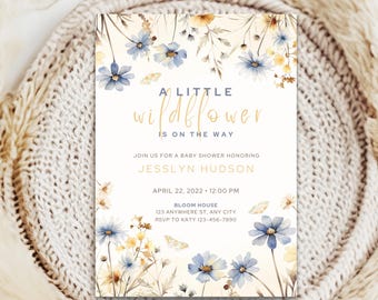 Invitación para baby shower con flores silvestres, plantilla editable con diseño floral (descarga digital)