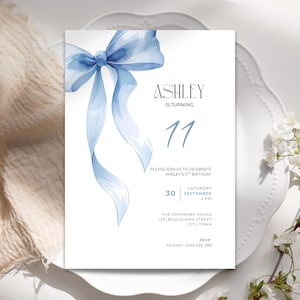 11th Birthday Invitation Blue Bow for Girl Template: Editable Digital Coquette Invite (Digital Download) LF20