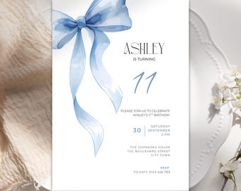 11th Birthday Invitation Blue Bow for Girl Template: Editable Digital Coquette Invite (Digital Download) LF20