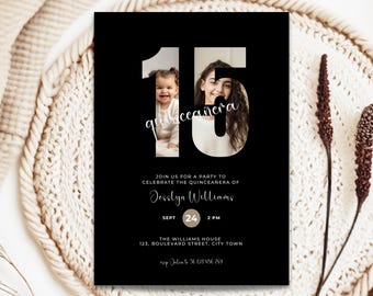 Invitación de Quinceañera, Invitación de Cumpleaños Número 15 con Foto para Chicas - Plantilla Editable para Adolescentes Afroamericanas