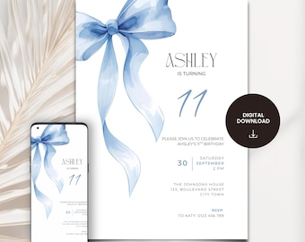11th Birthday Invitation Blue Bow for Girl Template: Editable Digital Coquette Invite (Digital Download) LF20
