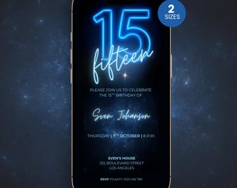 Invitation 15e anniversaire garçon bleu, néon Glow Graffiti Teen Party Evite, modèle modifiable, Cool Bday de 15 ans, téléchargement numérique