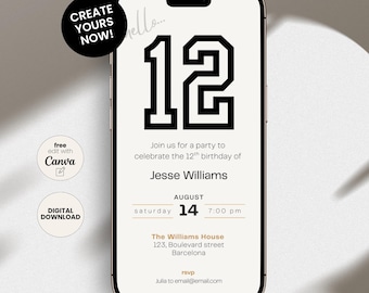 May include: A digital invitation displayed on a smartphone screen. The design features a large black number 12, the text "Join us for a party to celebrate the 12th birthday of Jesse Williams", and event details. Includes a "Create Yours Now!" button.