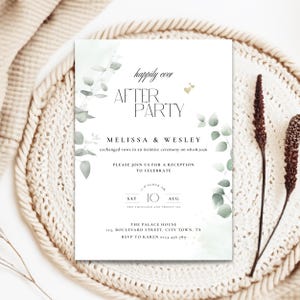 May include: A wedding invitation with the words "happily ever after party" in elegant black font. The invitation includes the names Melissa & Wesley, date, time, and reception details. Eucalyptus leaves and gold hearts decorate the design.