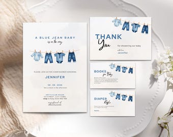 Plantilla editable de invitación para baby shower con temática del Oeste, conjunto de invitaciones digitales en mezclilla azul LF27