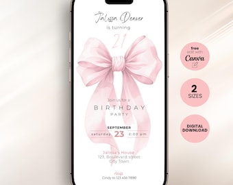 Pink Bow Birthday Invitation Template: 21st Birthday Party Invite (Canva, Digital Download)