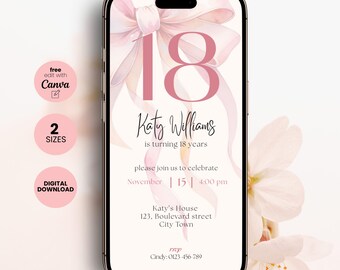 Pink Bow 18th Birthday Evite, Coquette Mobile Invitation (Digital Download)