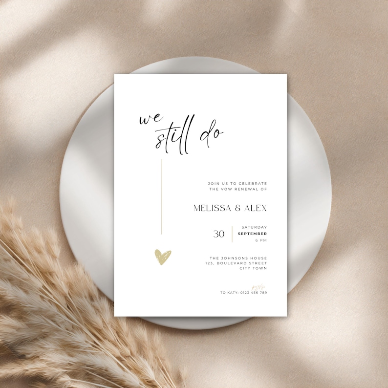 Minimalistic and elegant “We Still Do” wedding anniversary invitation with modern handwritten typography in black and white. This digital download can be used as an evite, phone text invitation, or printable card for a vow renewal, golden wedding, silver anniversary, or bronze celebration. The simple and timeless layout creates a sophisticated atmosphere for couples celebrating lasting love with style and grace.