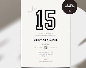 Minimal 15th Birthday Invitation Template Boy, Digital Fifteen Birthday Party Invite, Editable Elegant Bday Invite LF12