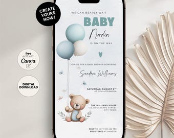 Può includere: Un invito digitale per un baby shower visualizzato su uno smartphone. L'invito presenta un orsacchiotto, palloncini e il testo "Baby Nordin is on the way". Il testo aggiuntivo include la data, l'ora e le informazioni RSVP. Modificabile con Canva.
