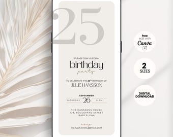 Plantilla editable de invitación de cumpleaños número 25: Minimalista Canva Evite (Descarga digital)
