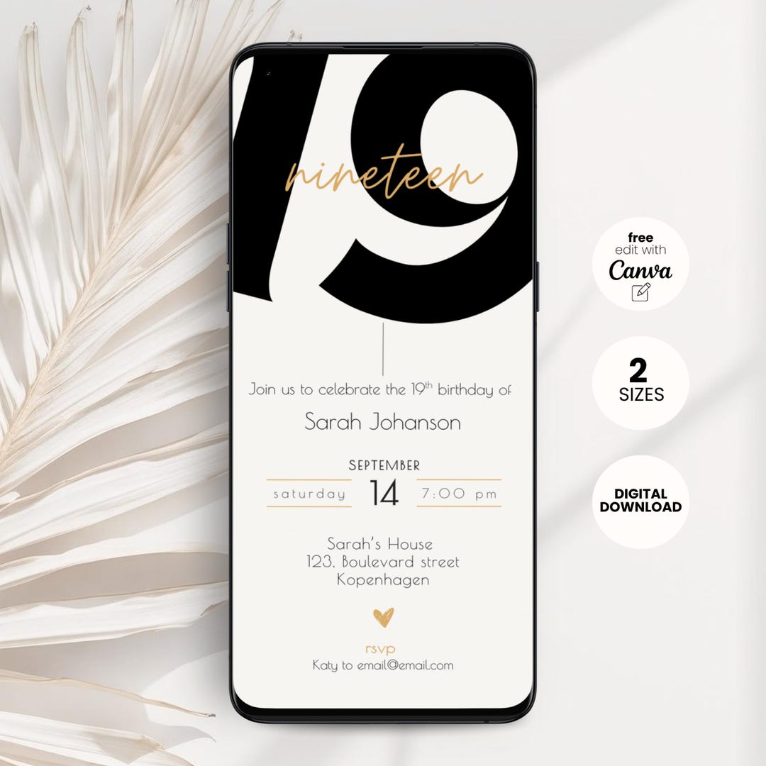 Minimal 19th Birthday Invitation Template, Digital Nineteen Birthday ...