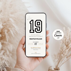 Minimal 19th birthday invitation template for men or woman with a clean, modern layout. Perfect for a digital birthday invite, party invitation, or birthday announcement. Ideal for anyone turning nineteen and planning a stylish celebration.