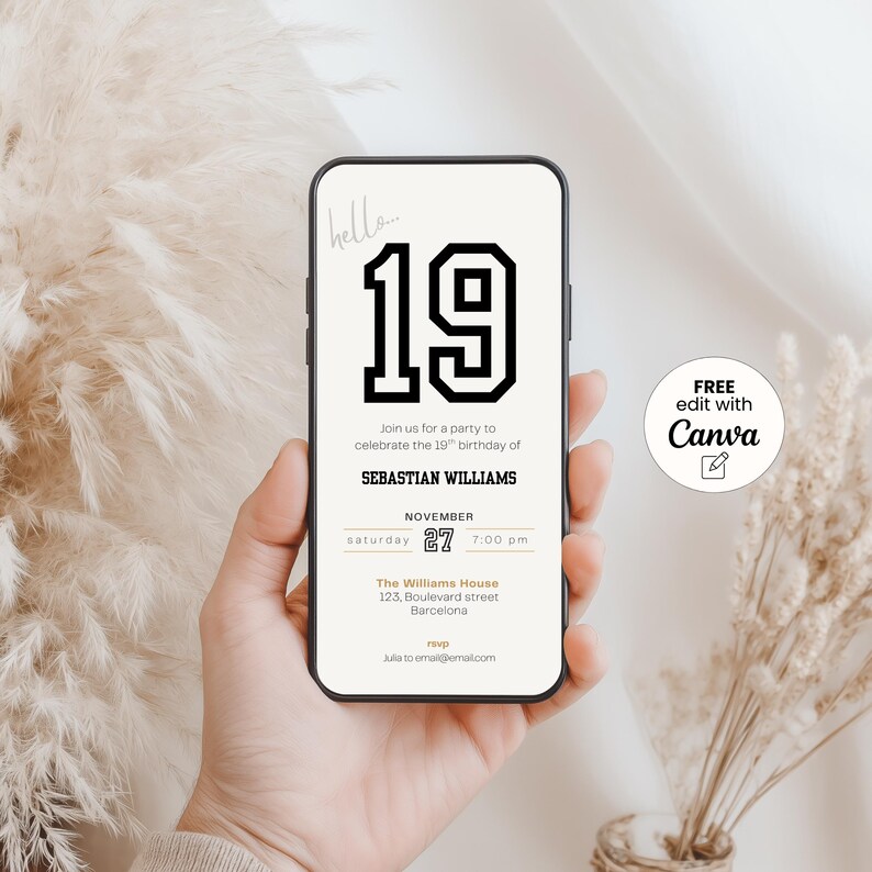 Minimal 19th birthday invitation template for men or woman with a clean, modern layout. Perfect for a digital birthday invite, party invitation, or birthday announcement. Ideal for anyone turning nineteen and planning a stylish celebration.