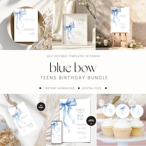 May include: A selection of printable templates featuring a blue bow design. The set includes welcome signs, thank you cards, invitations, and cupcake toppers. Text includes "Ashley 12th" and "Custom Sign". Templates are self-editable in Canva.