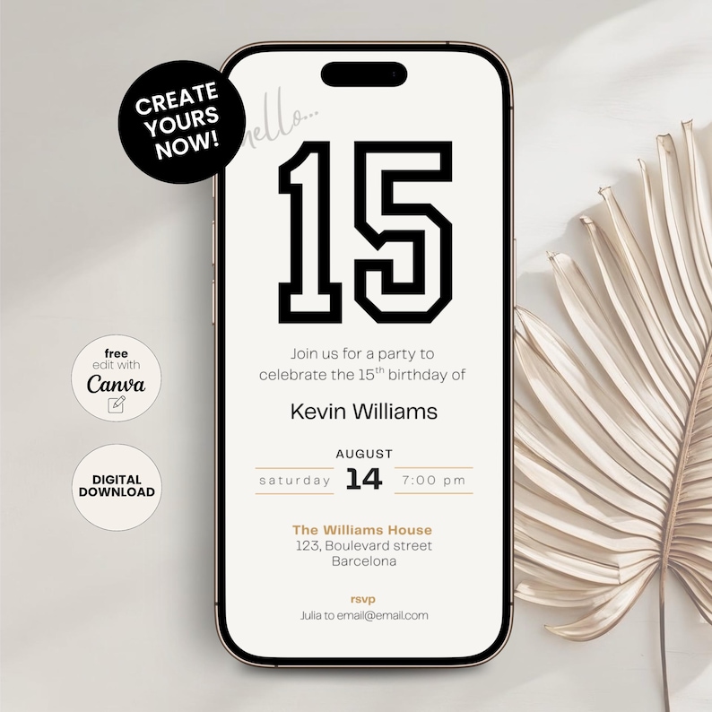Elegant 15th birthday invitation template for boys with a clean, modern layout. Perfect for a digital birthday invite, party invitation, or birthday announcement. Ideal for anyone turning fifteen and planning a stylish celebration.