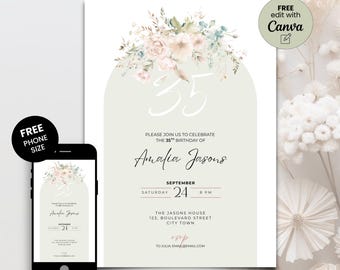 Plantilla de invitación para el 35 cumpleaños, elegante invitación floral editable (descarga digital)
