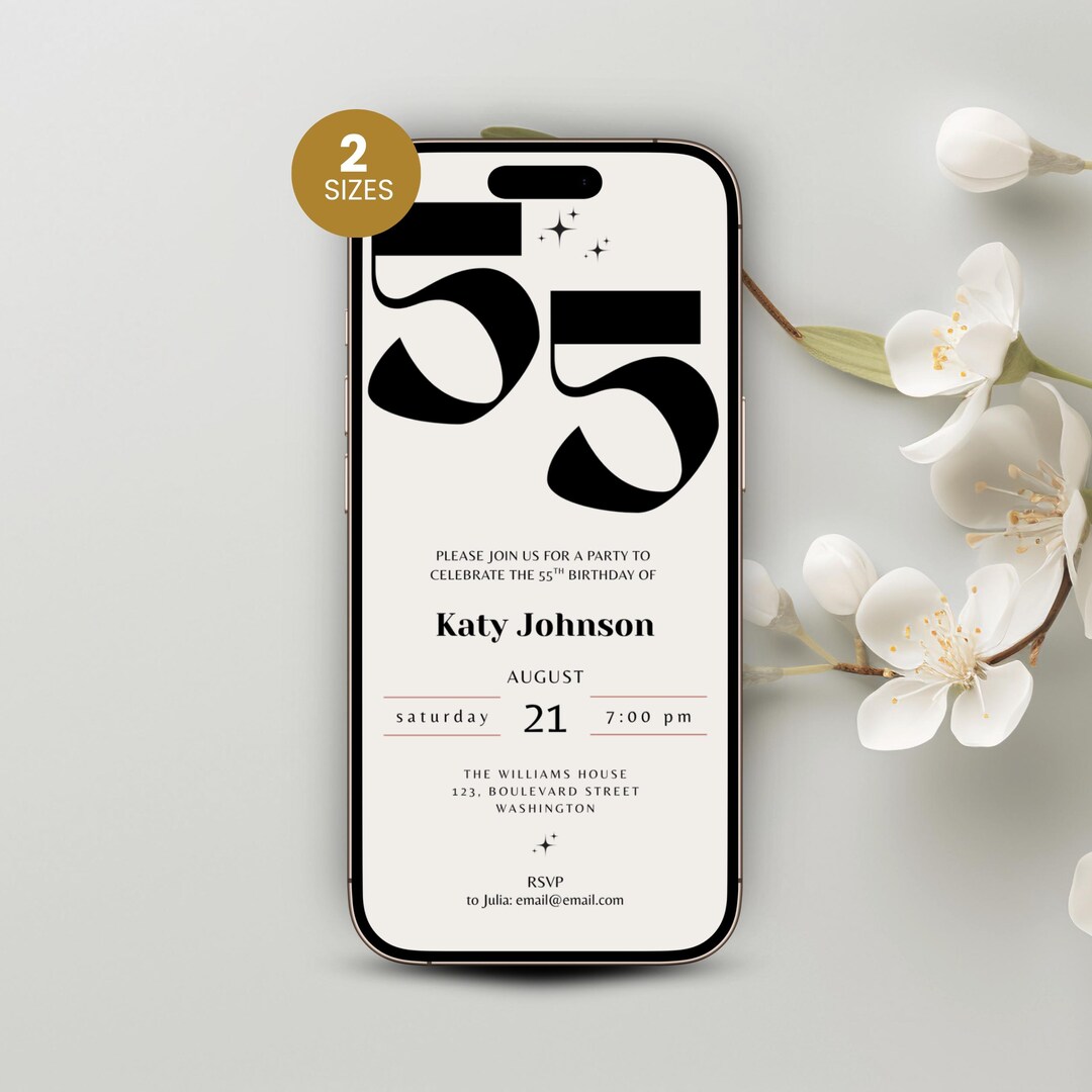 Elegant 55th Birthday Invitation Template (editable Canva, Digital