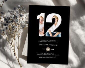 Invitación de cumpleaños número 12 para niños - Invitación editable en color negro para preadolescentes (descarga digital)