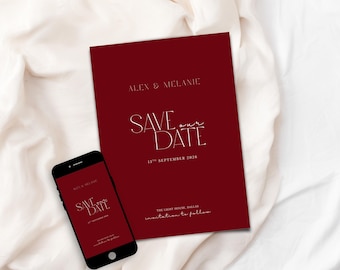Burgundy Save the Date Invitation Template: Editable Minimal Wedding Invite, Evite (Digital Download) ST01