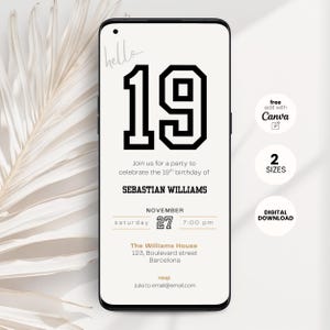 Minimal 19th birthday invitation template for men or woman with a clean, modern layout. Perfect for a digital birthday invite, party invitation, or birthday announcement. Ideal for anyone turning nineteen and planning a stylish celebration.