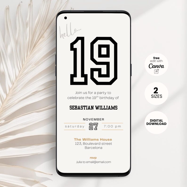 Minimal 19th birthday invitation template for men or woman with a clean, modern layout. Perfect for a digital birthday invite, party invitation, or birthday announcement. Ideal for anyone turning nineteen and planning a stylish celebration.