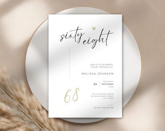 Invitación editable para el 68 cumpleaños: Plantilla minimalista para hombre y mujer (Descarga digital)
