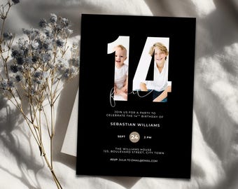 Invitación de cumpleaños número 14 para chicos - Invitación editable para adolescentes afroamericanos (Descarga digital)