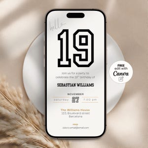 Minimal 19th birthday invitation template for men or woman with a clean, modern layout. Perfect for a digital birthday invite, party invitation, or birthday announcement. Ideal for anyone turning nineteen and planning a stylish celebration.