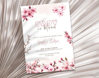 Plantilla de invitación para baby shower "Baby in Bloom" - Tema floral primaveral (Descarga digital)