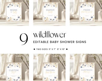 Letreros editables para mesas de baby shower con diseño de flores silvestres - Tarjetas y regalos florales, plantilla para recuerdos (descarga digital)