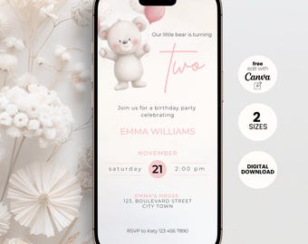 Two Wild Birthday Invitation Template, Editable Bear Party Invite (Digital Template)