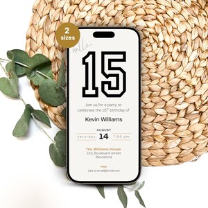 Elegant 15th birthday invitation template for boys with a clean, modern layout. Perfect for a digital birthday invite, party invitation, or birthday announcement. Ideal for anyone turning fifteen and planning a stylish celebration.