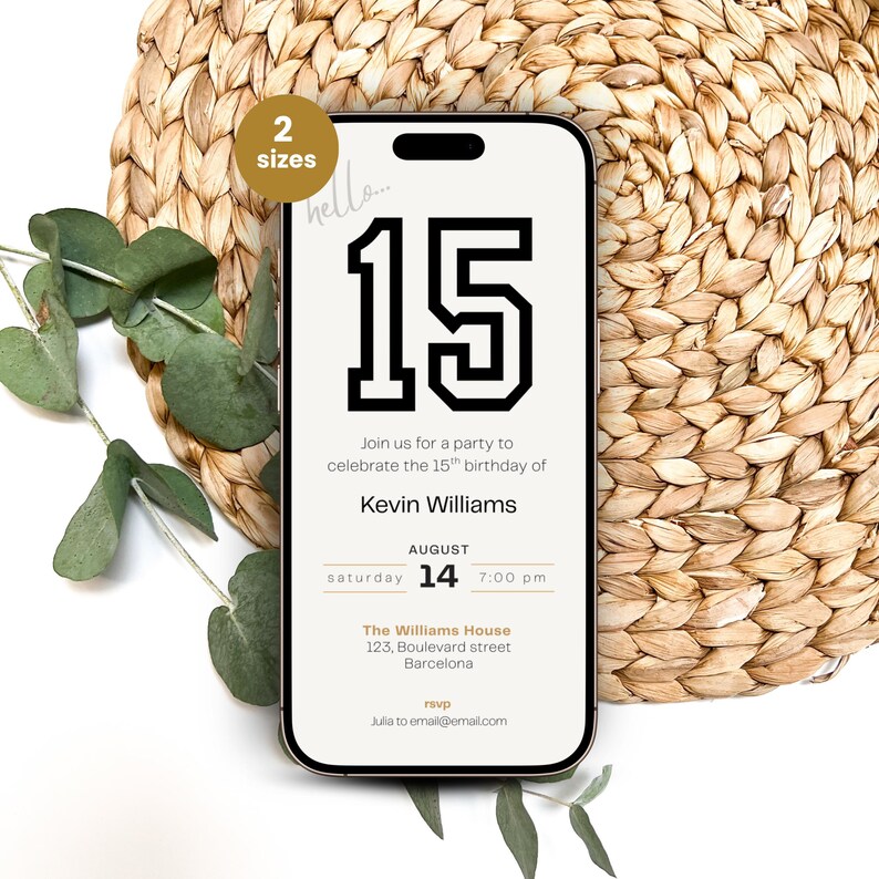 Elegant 15th birthday invitation template for boys with a clean, modern layout. Perfect for a digital birthday invite, party invitation, or birthday announcement. Ideal for anyone turning fifteen and planning a stylish celebration.