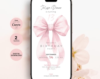 Pink Bow 13th Birthday Invitation Teen, Editable Girls Thirteen Coquette invite Template, Digital Download,  Watercolor Teenager Bday, LF05