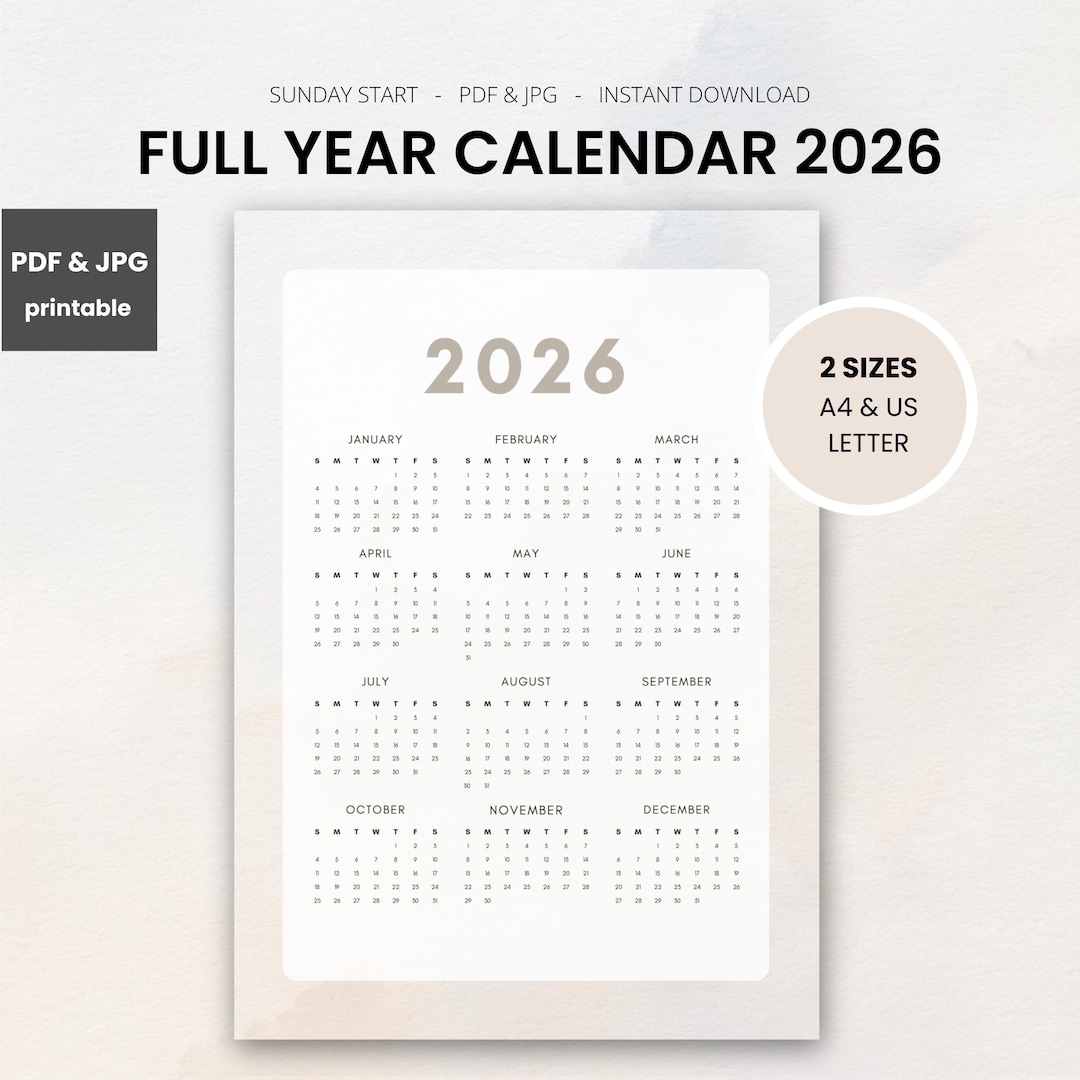 2026 Calendar Year at A Glance Full Year Calendar PDF 2026 Desk