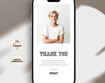 Birthday Thank You Card, Editable Photo Template for Teens (Digital Download) LF11