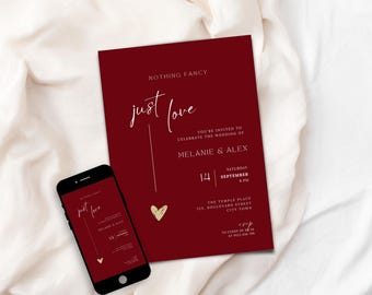 Burgundy Nothing Fancy Just Love Wedding Invitation Template, Modern Celebration Invite (Digital Download) DN01
