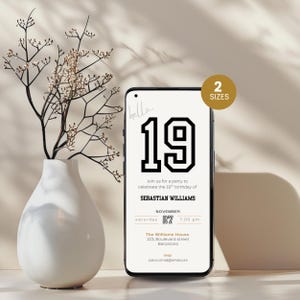 Minimal 19th birthday invitation template for men or woman with a clean, modern layout. Perfect for a digital birthday invite, party invitation, or birthday announcement. Ideal for anyone turning nineteen and planning a stylish celebration.