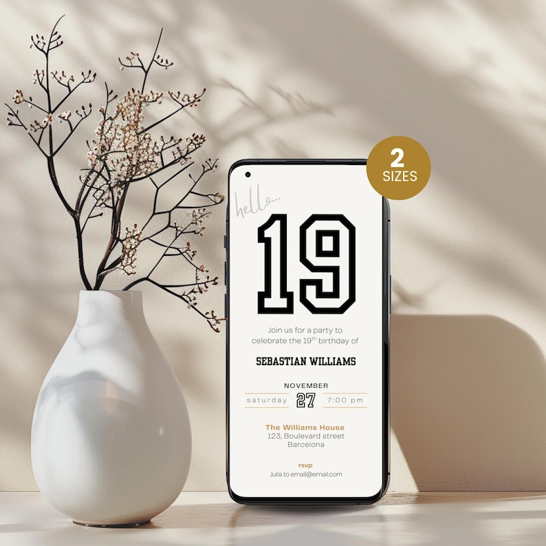 Minimal 19th birthday invitation template for men or woman with a clean, modern layout. Perfect for a digital birthday invite, party invitation, or birthday announcement. Ideal for anyone turning nineteen and planning a stylish celebration.